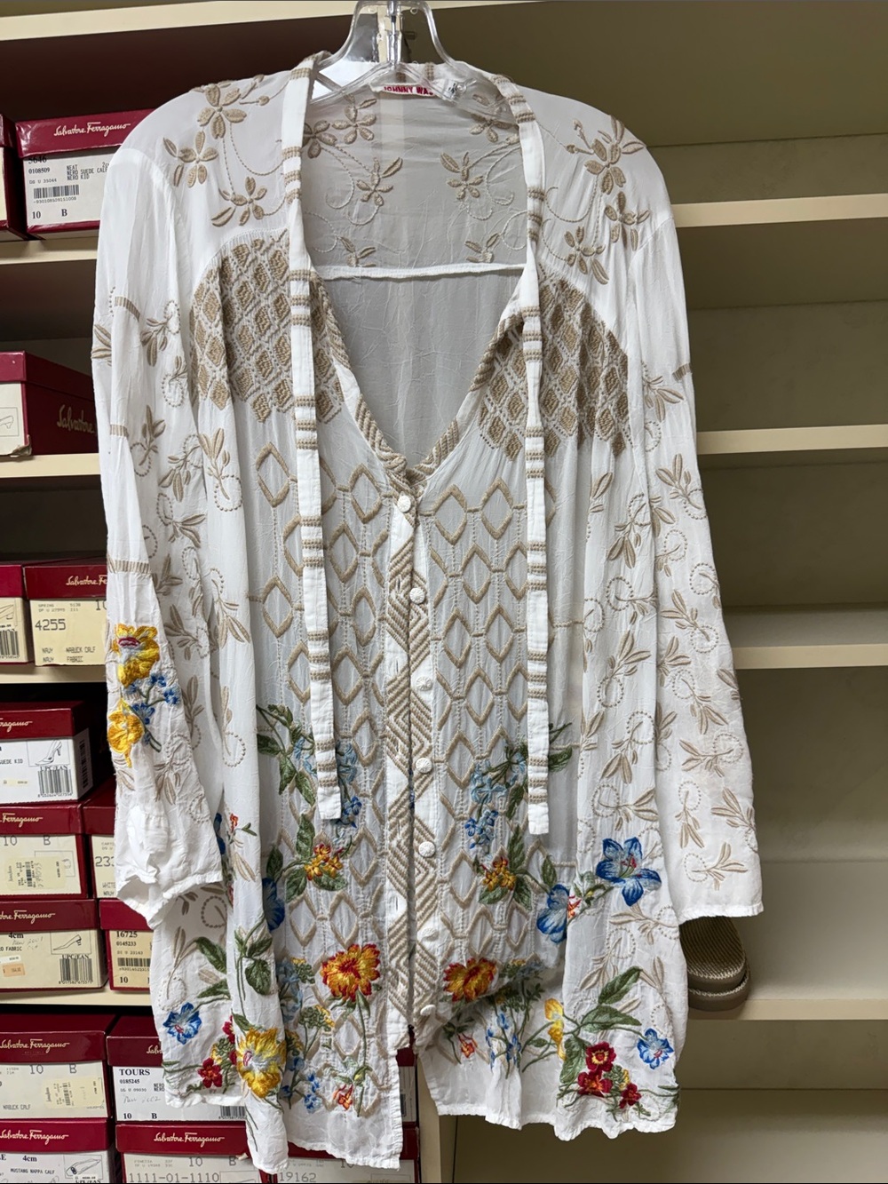 Johnny Was Embroidered Boho White Floral Button-Front Kimono